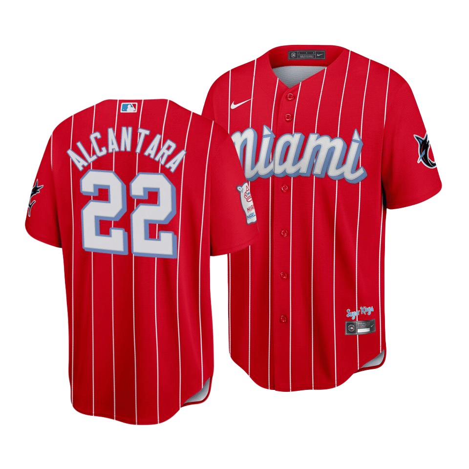 Men's Miami Marlins #22 Sandy Alcantara 2021 Red City Connect Cool Base Stitched Jersey